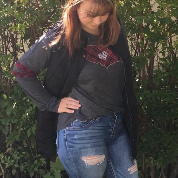 Maurices Plaid USA Heart Raglan Long Sleeve Tee - Picture 1 of 6